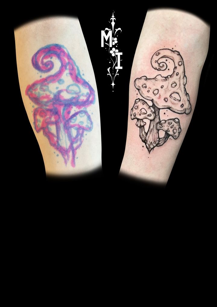 Tattoo von Luca: Pilze, Vorzeichnung und fertiges Tattoo