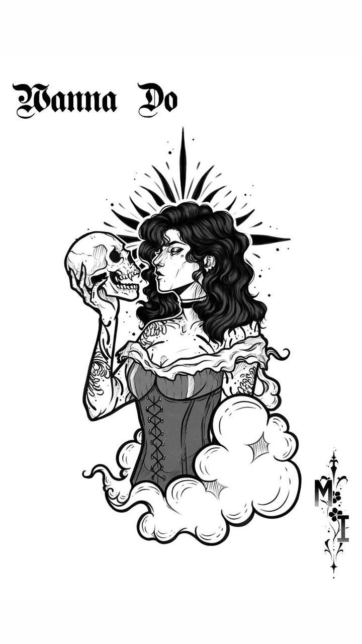 Wanna-Do-Motiv: Frau mit Totenkopf in Wolken